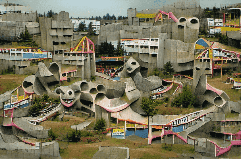 A brutalist amusement park but generated by a weird AI ?