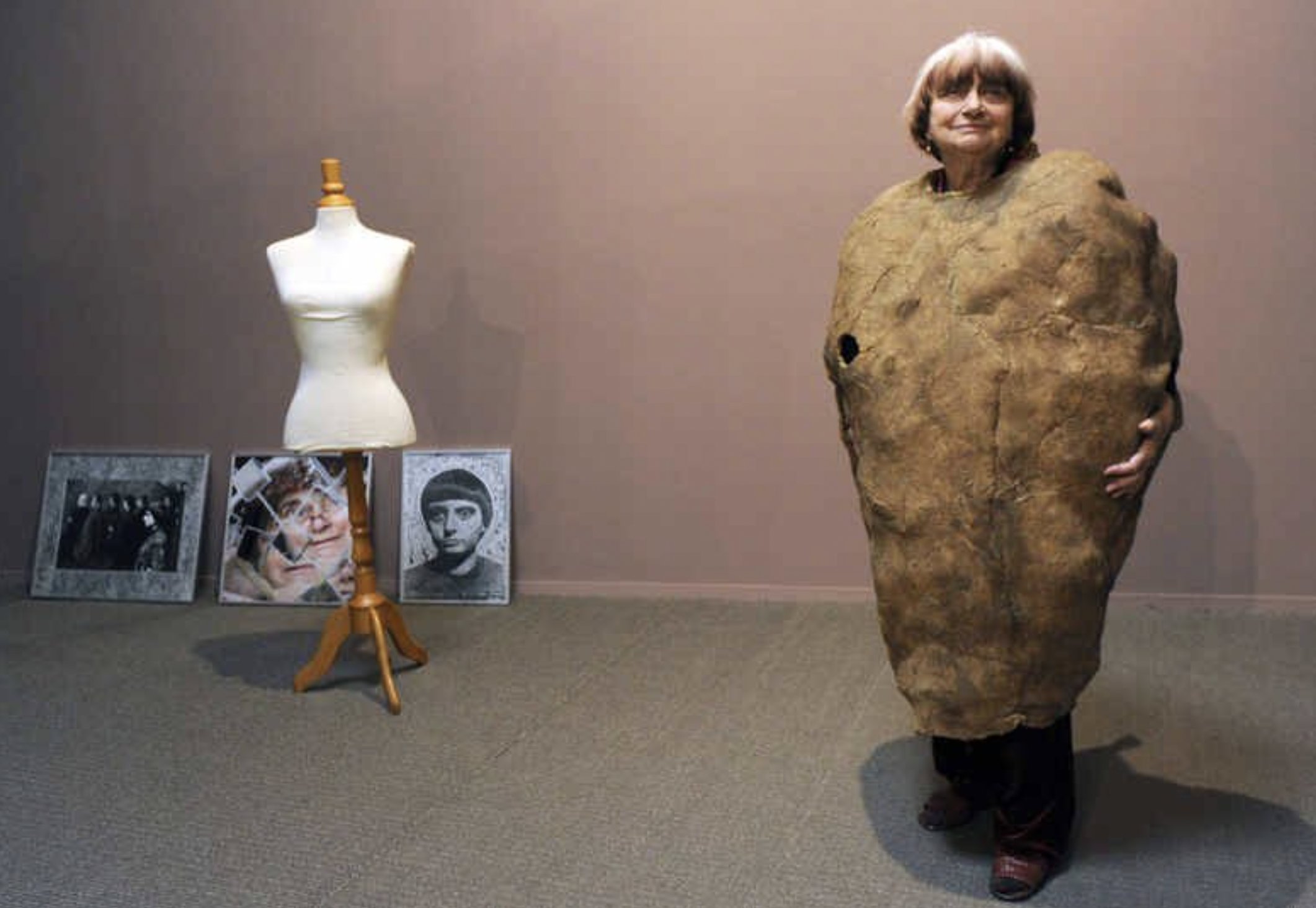 indeed, agnes varda is dressed as a potato and smiling